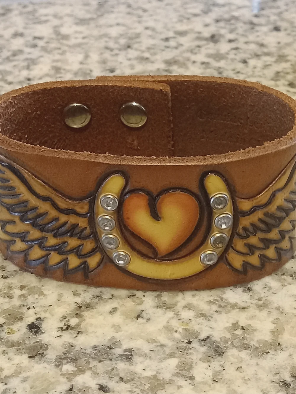 Geniune Leather Tooled Western Bracelet Wings Horseshoe Adjustable